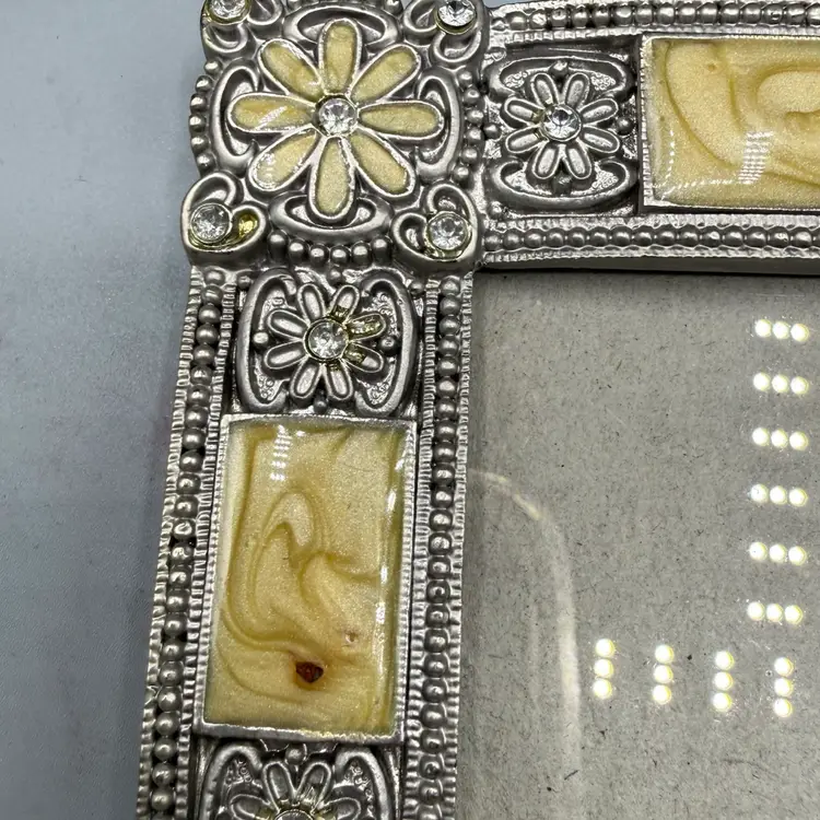 Vintage Ornate Silver-Tone & Yellow Swirl Enamel Floral Picture Frame, Rhinestone Accents - Fits 4x6"