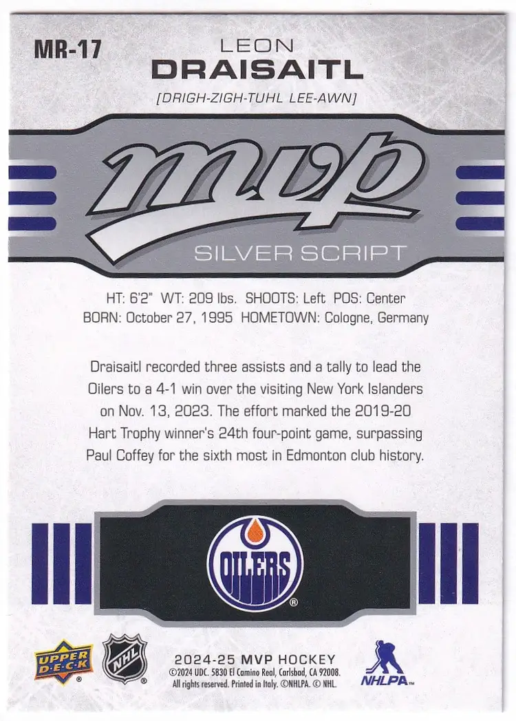 2024-25 Upper Deck MVP 10th Anniversary #MR17 Leon Draisaitl Edmonton Oilers Hockey Card