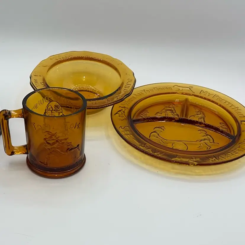 Vintage Indiana Glass Tiara 3 Piece Amber Child's Nursery Rhyme Dish Set