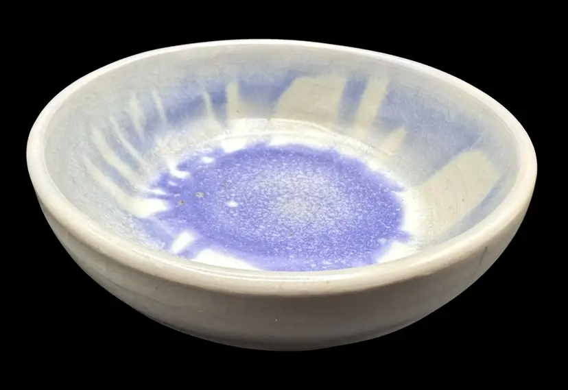 Signed LM Studio Art Pottery Small Low Bowl Purple Blue White Floral Flower