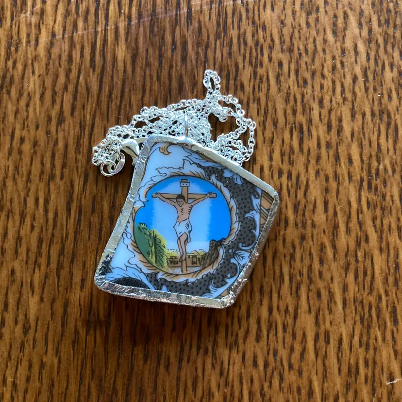 Broken Pottery Artisan Made Pendant Christian Religious Plate Handcrafted Necklace 1.5 in x 1.5 in