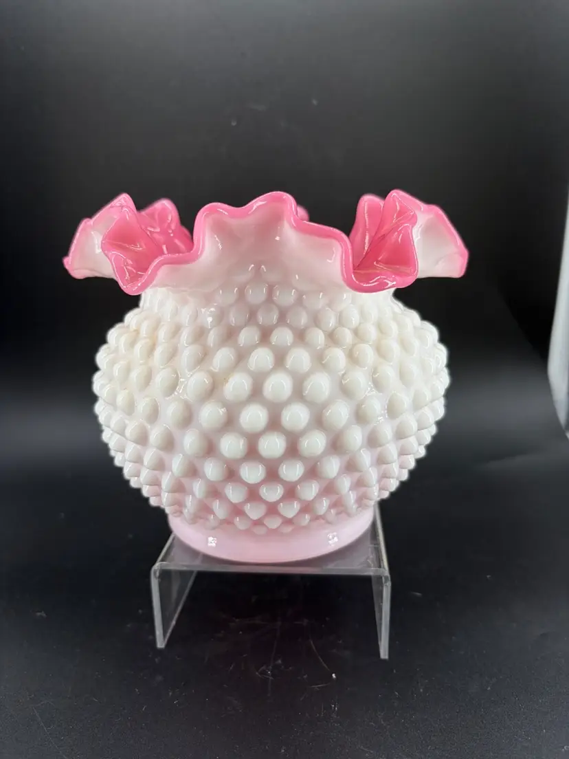 Vintage Pink hobnail Glass Vase with a ruffled opalescent rim