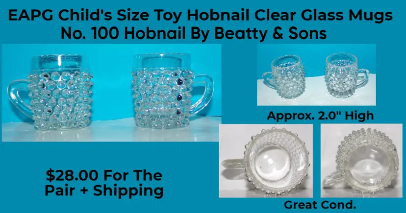 EAPG Beatty & Sons Child Sized-Toy Clear Glass Hobnail Mug Set, No.100