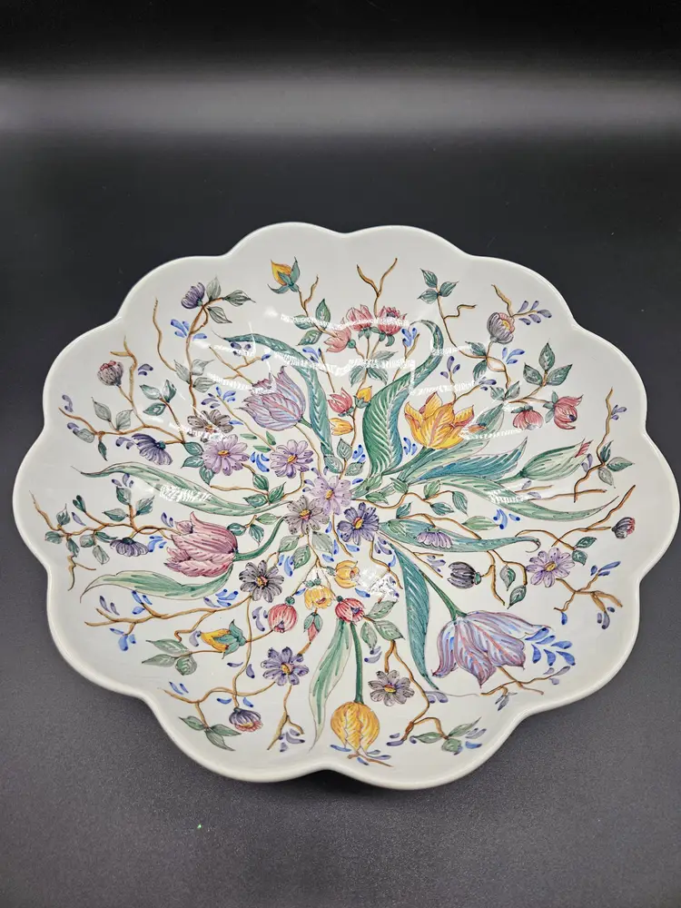 Vtg Hand Painted Majolica Fruit Bowl Floral C/7 P-72 Portugal 11 in