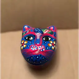 Blue ceramic trinket cat head shape box made in Mexico. Vibrant colors . 3” wide 2”tall