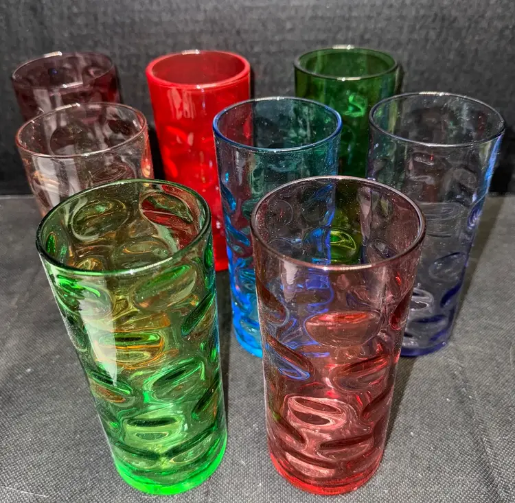 8 Inverted Thumbprint MCM Highball Glasses Red, Purple, Blue, Green, Pink