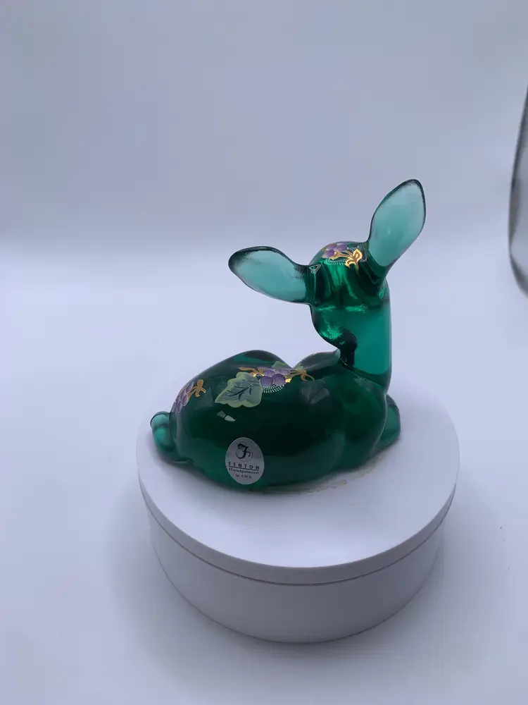 Fenton Green Art Glass Deer Handpainted
