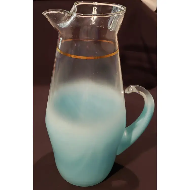 Large Vintage  Frosted Blue to Clear Blendo Pitcher Gold Trim West Virginia 11.5"
