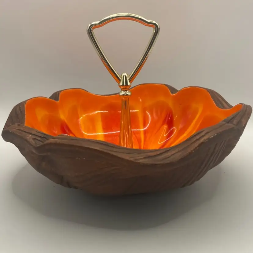 Vtg MCM 5” X 7” Orange California Pottery Candy/Nut Dish With Handle