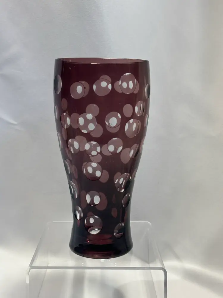 #1620 Czech Art Glass Polka Dot Amethyst Cut To Clear Bohemian Cranberry Glass Vase