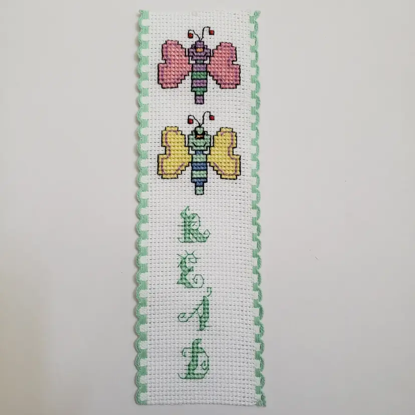 New Cross-stitched bookmark dragonflies and read stitched on Ribband with green trim