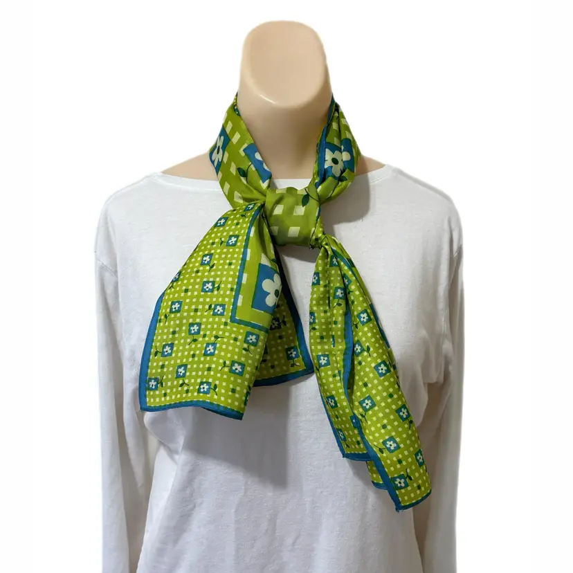 70s Blue Green Floral Scarf Flower Power Rectangle Boho Hippy Retro Daisy 15x43