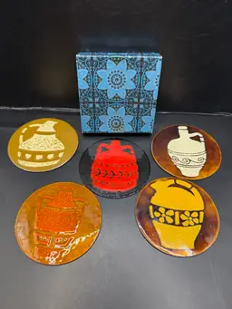 Enamel On Copper MCM Folk Art Water Jug Design Patterned Felt Backing Lovely Box 3.5”