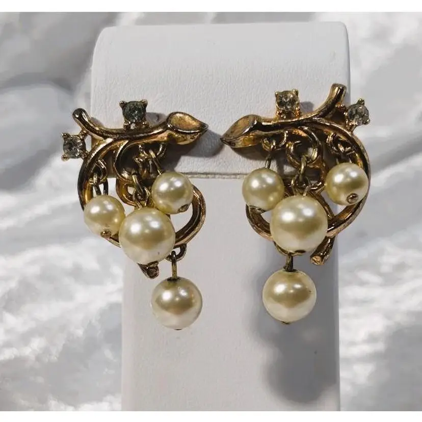 Vintage Crown Trifari Grape Cluster Faux Pearl and Rhinestone Gold Tone Clip On Earrings - Signed