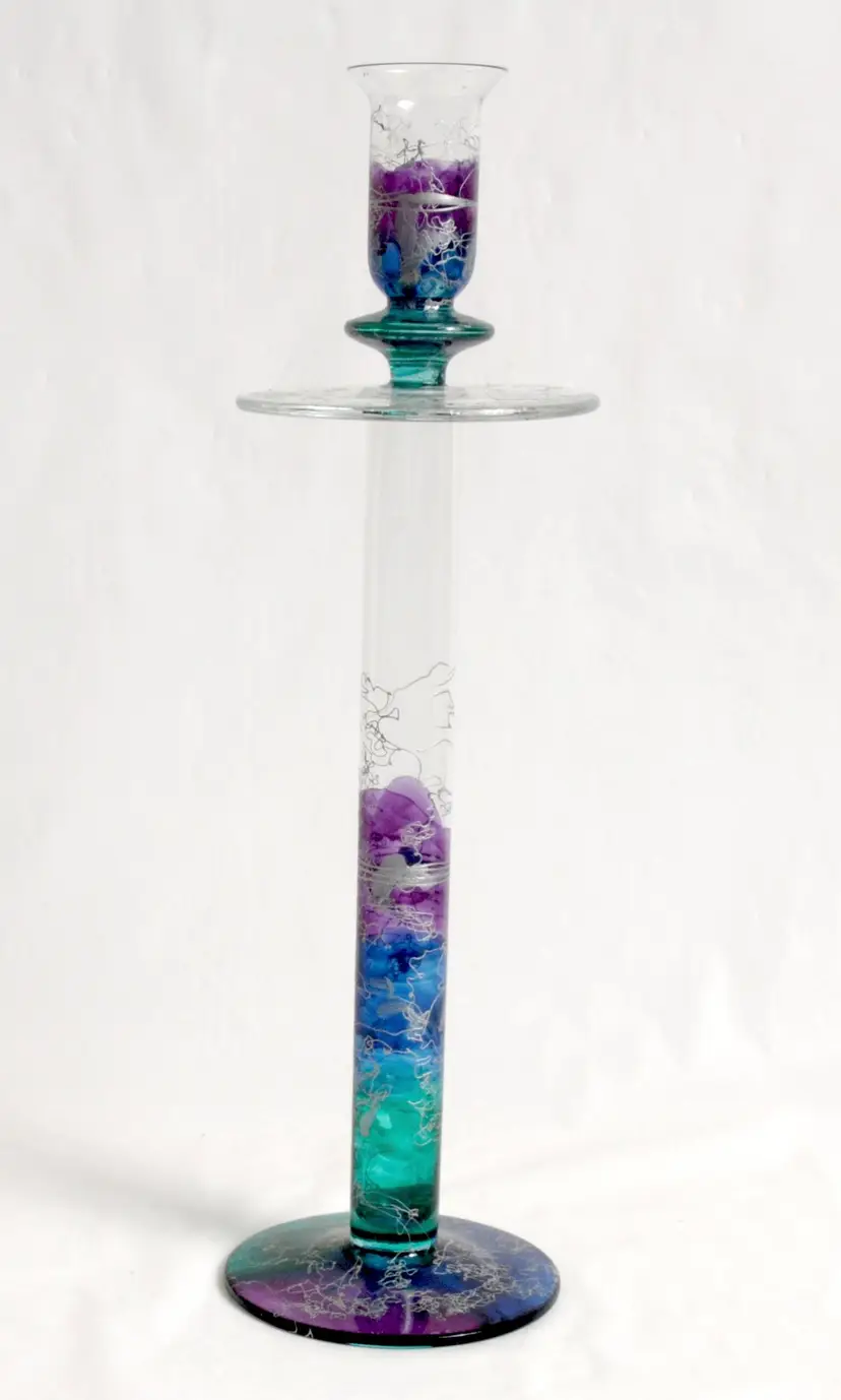 Glass Candlestick Handcrafted Curtea Sticlarului Teal Purple Blue Silver Romania