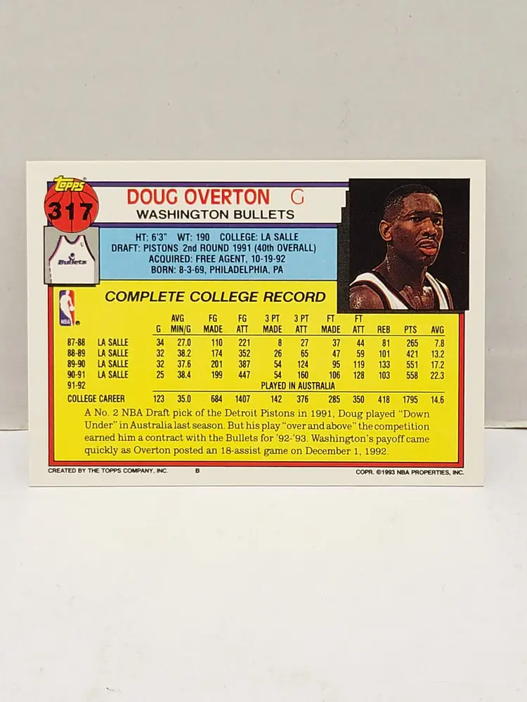 1992-93 Topps Doug Overton Washington Bullets #317