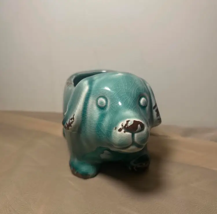Small Teal Dog Rustic Style Planter