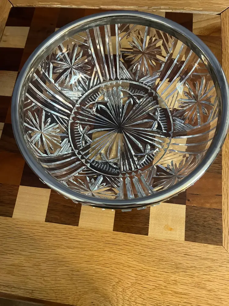 Vintage Raimond crystal serving bowl with silver-plated rim. 9” Round 4” High