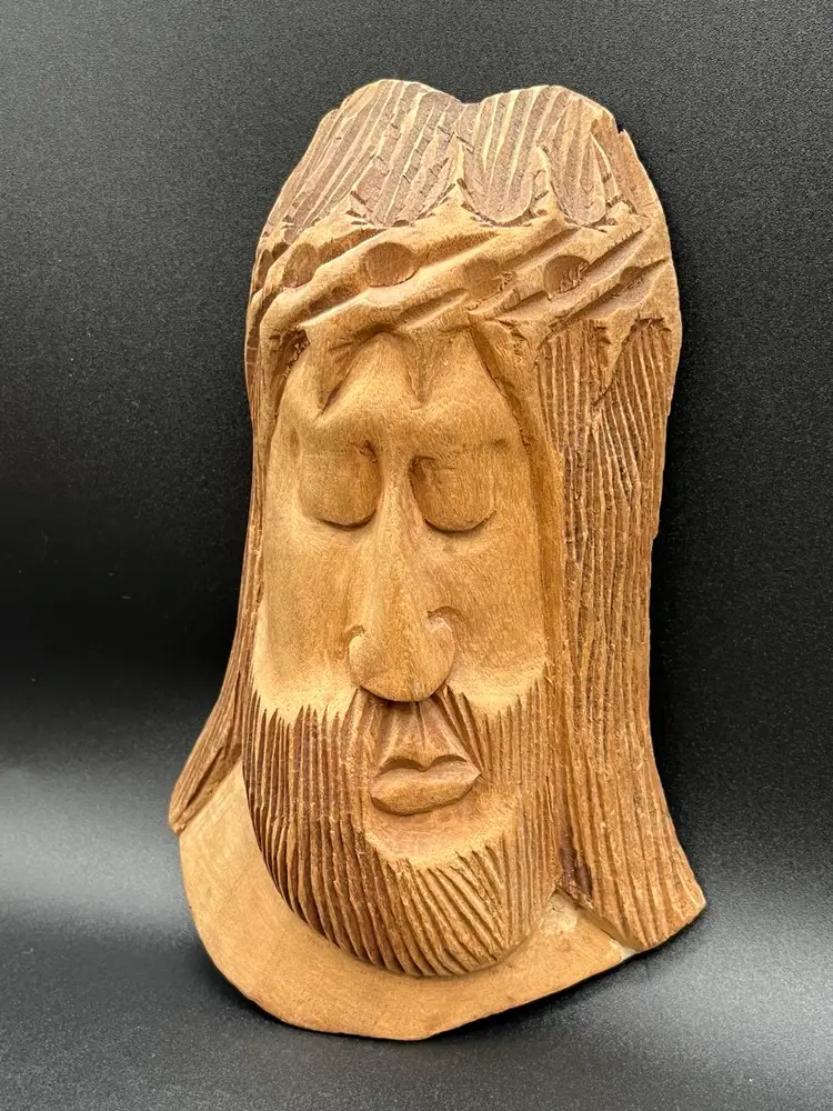 Serene Hand Made Carved Wooden Bust of Jesus Wall Decor 8.5”