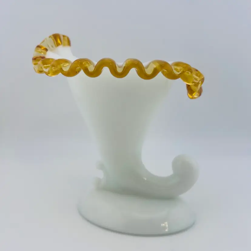 Vintage Fenton Amber Crest Cornucopia Taper Candle Holder 5”x 5.25”x 6”