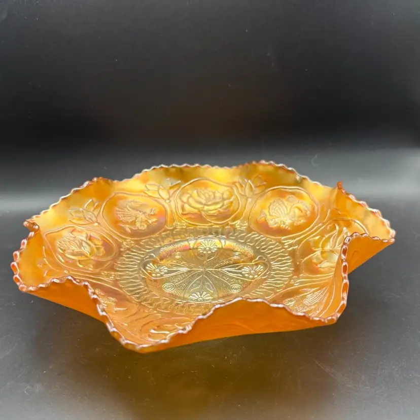 Vintage Fenton Marigold Carnival Glass Dragon and Lotus Ruffled Bowl As Is