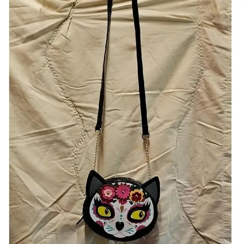 Like New! Betsey Johnson Dia De Los Muertos Day Of The Dead Cat Face Crossbody Bag