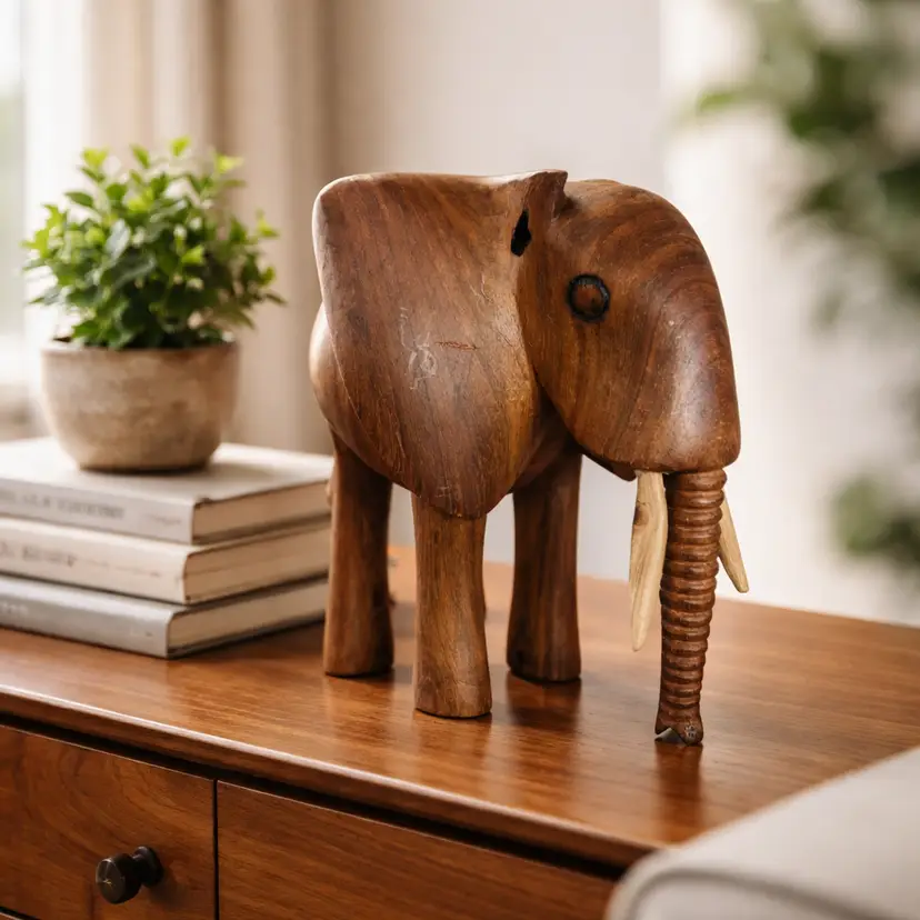 Hand Carved Solid Wood Elephant Figurine, 8" Tall