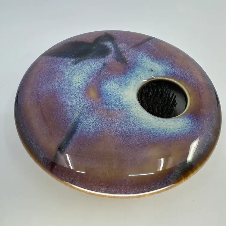 Vintage Ikebana Ceramic Pottery Blue Metal Flower Frog Vase Handmade Signed