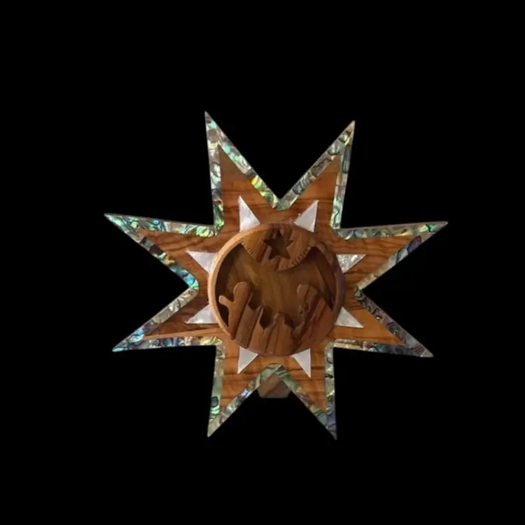 Vintage Olive Wood & Mother of Pearl Hand Carved Nativity Set In A Star Plaque