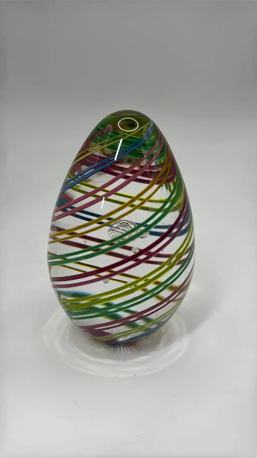 Glass Eye Studio Egg swirls with bubbles inside signed GES 97 3” tall