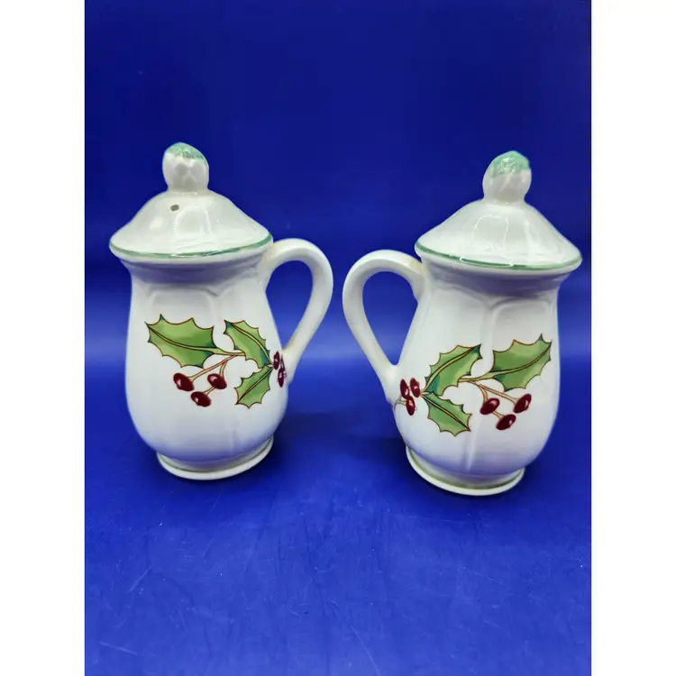 Sango White Christmas Holly Salt and Pepper Shakers