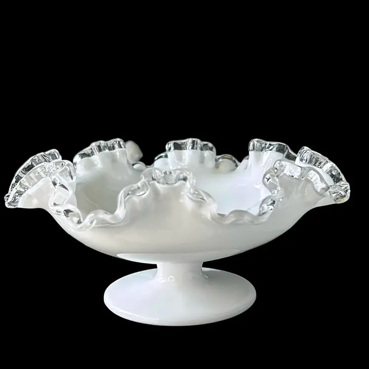 Fenton White Silver Crest Compote Footed Bowl - Rim GLOWS