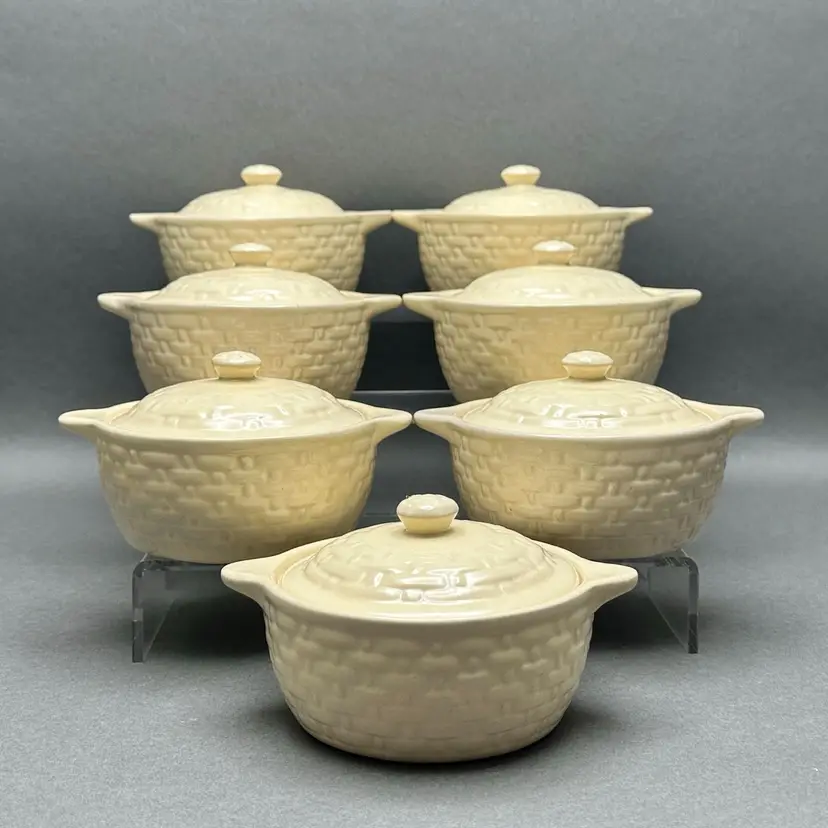 Vintage 1930’s Weller Pottery “Pierre” Beige Stoneware Basketweave Handled Individual Casseroles/Tureens. Set of 7