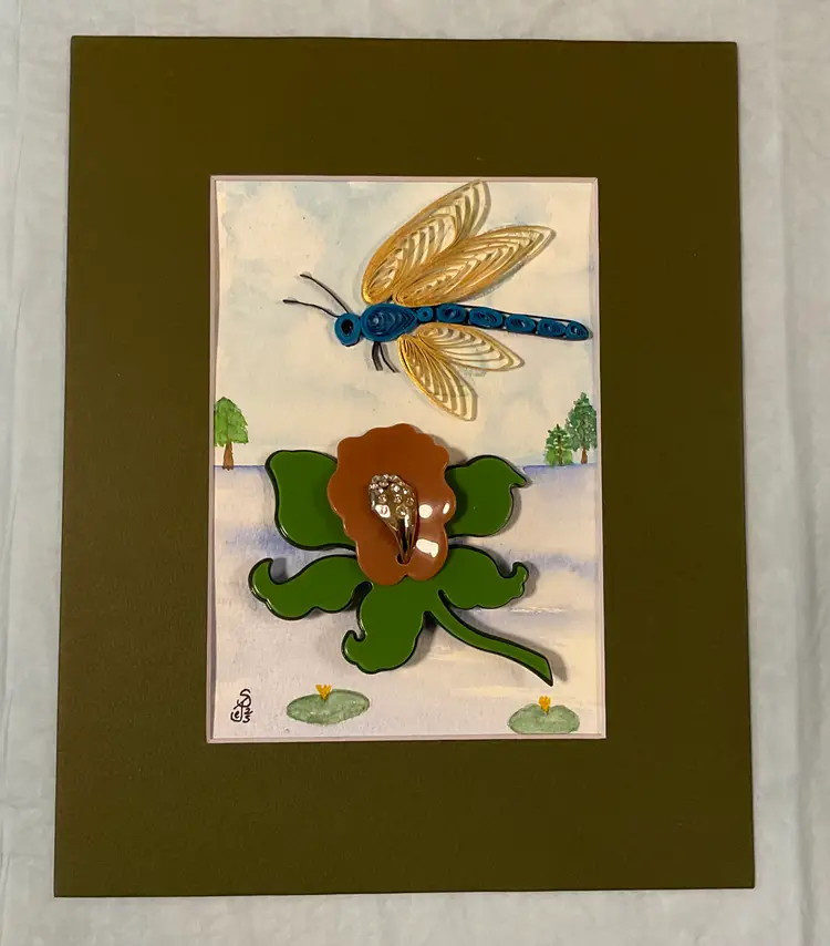 Original watercolor with quilled dragonfly over a 4” lily pad brooch, 5 x 7” in 8x10” green matte