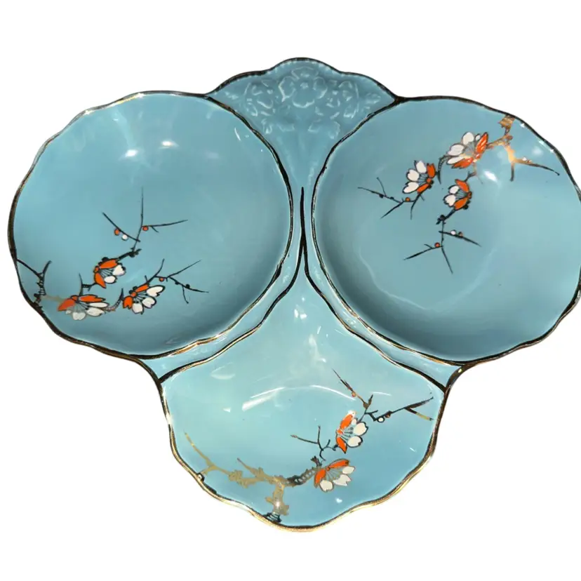 James Kent Old Foley "Capri" pattern turquoise divided serving dish with hand-painted Asian-style blossoms