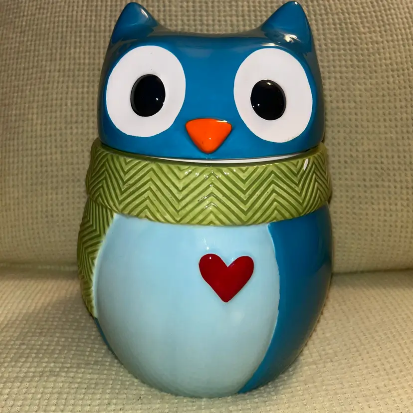 St Nicholas Square Winter Christmas Owl Cookie Jar Ceramic Turquoise Handpainted