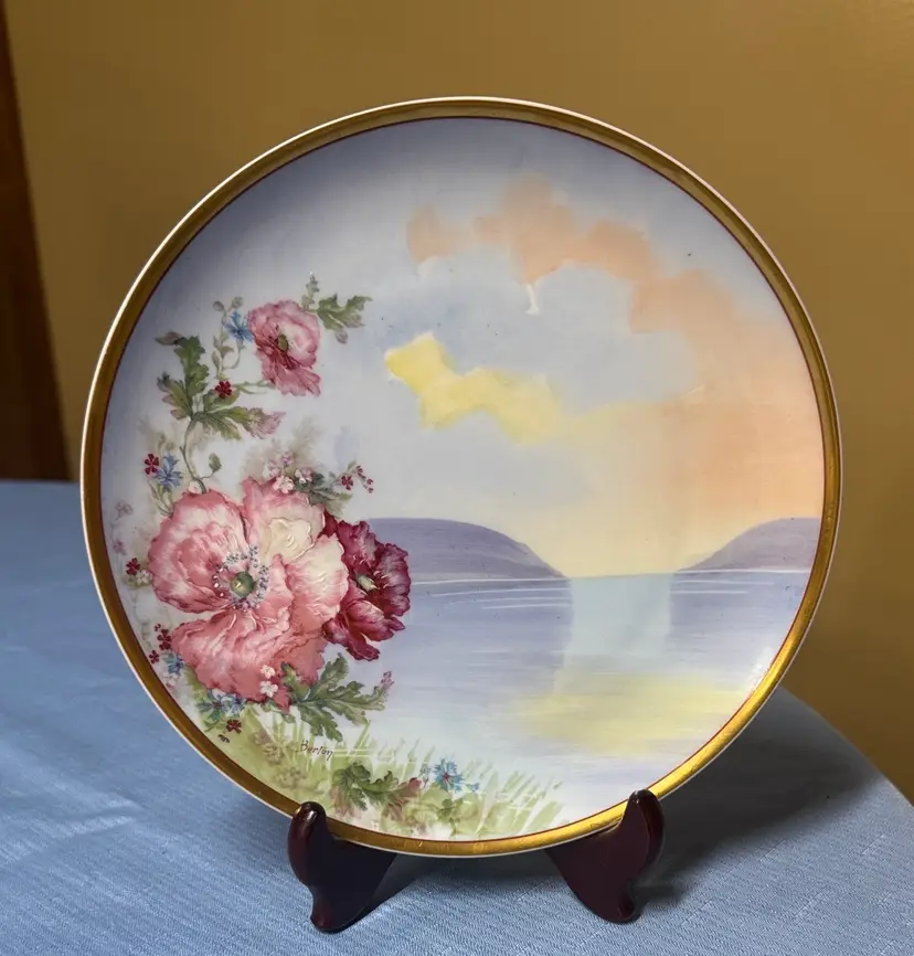 Haviland Limoges Porcelain Plate Hand Painted Flowers Lake Scene Berton 8.75”