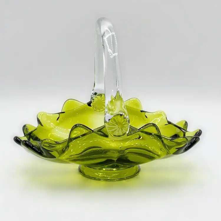 Vintage Viking Green Glass Double Crimped Basket with Clear Applied Handle