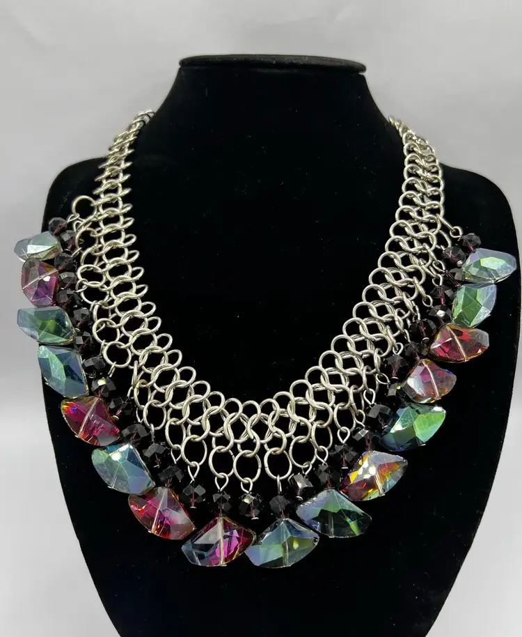 Czech Glass Silver Tone Dramatic Statement Necklace Heavy