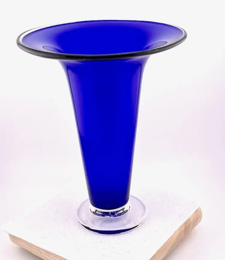 Vintage Cobalt Blue Vase by Church & Maple Glass Studio 2000  Clear Base & Rim - 7.5" tall x 6" wide at top