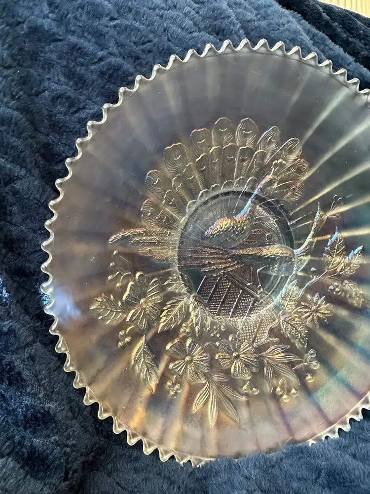 Northwood Clear Carnival Glass Peacocks On Fence Crimped Pie Edge