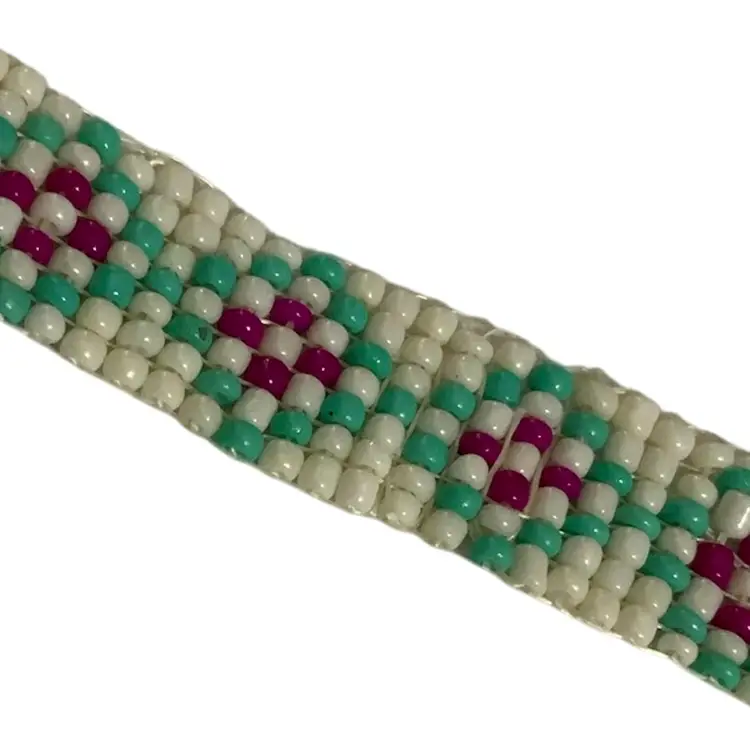 “ Turquoise And Pink Geometric Floral” Hand Beaded Flower On Green Turquoise Geometric VineBracelet Made By Me With Glass Seed Beads 7” Bead To Bead Study #2