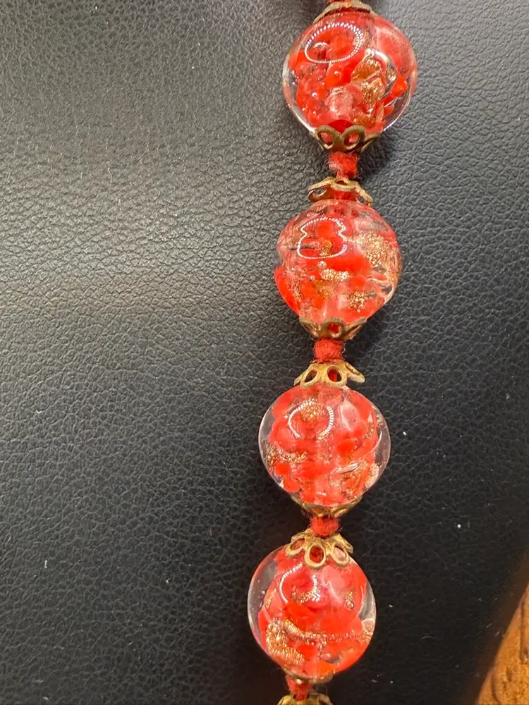 Vintage Murano Italy Glass Bead Necklace- Orange/Red Glass Art- 24 Inches
