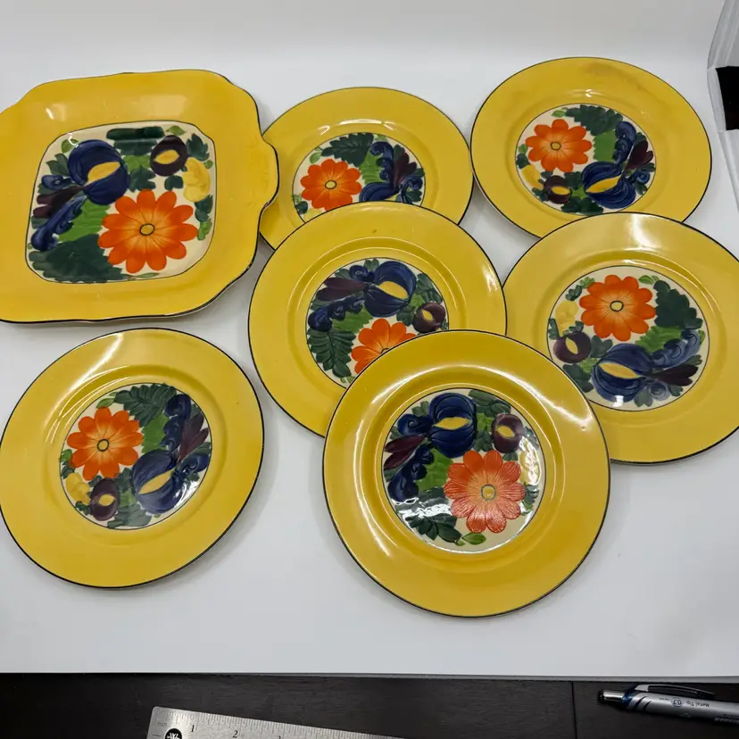 7 Pc Vintage Yellow & Floral Titanware Adams England Sandwich Plates & Serving Dish