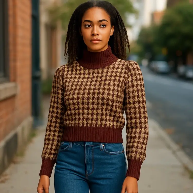 Sadie & Sage Sample Sale Sweater – Brown & Tan Houndstooth Mock Neck Pullover