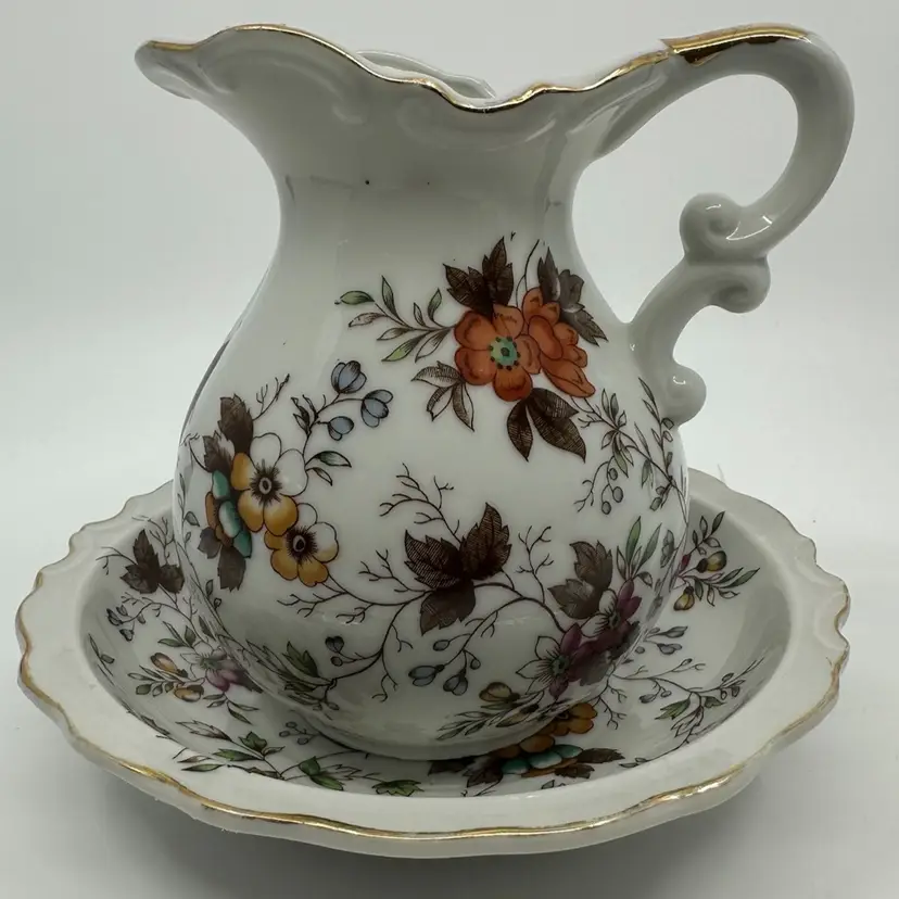 Vintage Made In Japan Fine China Pitcher Saucer w/ Gold Trim & Floral Pattern