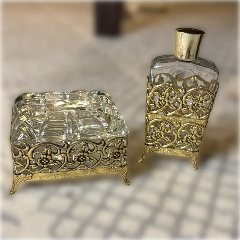 Vanity Set Cased in Gold-Tone Flower Design - Lidded Box and Perfume Bottle