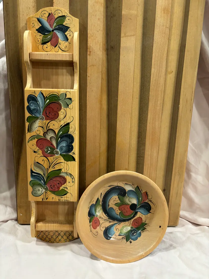 Vintage Norwegian Rosemale Hand Painted Wood Match Holder (signed) and Bowl