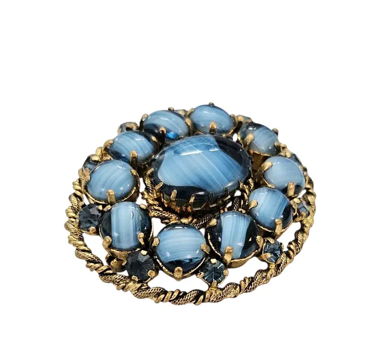 Germany Porphyry Blue Art Glass Cab Filigree Oval Brooch