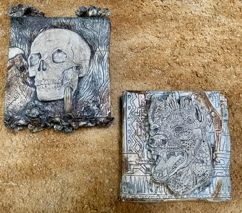 Brutalist 3-D Skull & Mythical Dog Gothic Ceramic Wall Art ZSE Deeper than Skin